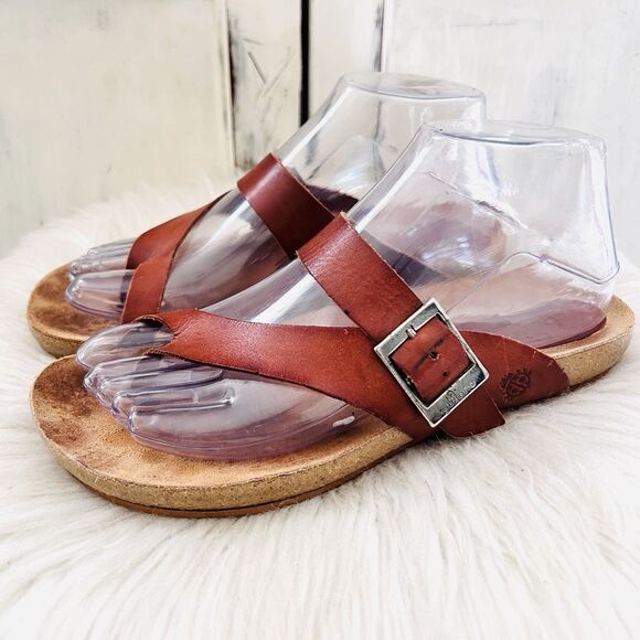 Yokono Ibiza Brown Leather Earthy Loop Toe Slip on Sandals Boho Size 6.5 - Picture 1 of 7